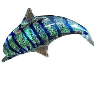 Hand Blow Art Glass Dolphin Paperweight Decor Green Blue Clear 7"